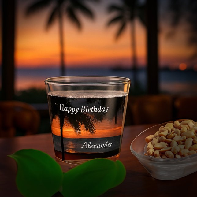 Happy Birthday Men Sunset Tropical Trees Custom Shot Glass (Happy Birthday Men Sunset Tropical Trees Custom Shot Glass is great to give to guest as a keepsake. )