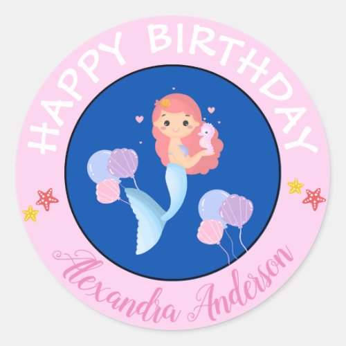Happy Birthday Mermaid Name Baby Pink Classic Round Sticker
