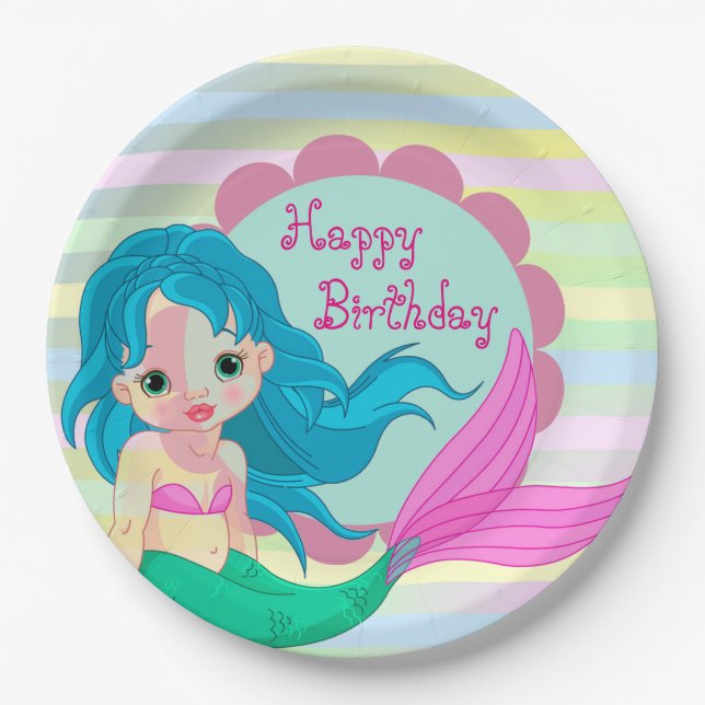Happy Birthday Mermaid Paper Plates (Front)
