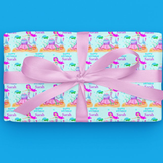 Happy Birthday Mermaid With Sea Turtle And Cake  Wrapping Paper (This unique Mermaid celebrating a birthday will make your little mermaid giggle as she opens gifts!)
