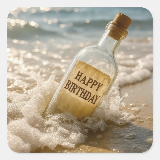 Happy Birthday Message in a Bottle Square Sticker (Front)