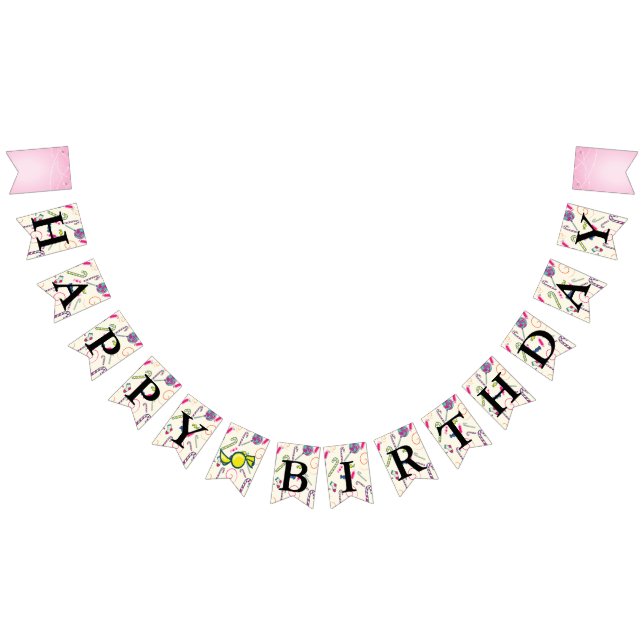 Happy Birthday Message Pink Candy Cane Bonbon Bunting Flags (All)