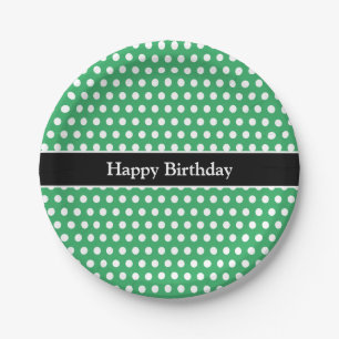 Happy Birthday Message Polka Dot green and white Paper Plates
