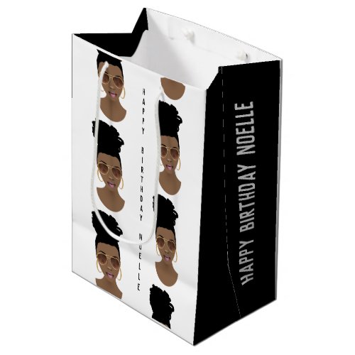 Happy Birthday Messy Bun Black  White Medium Gift Bag