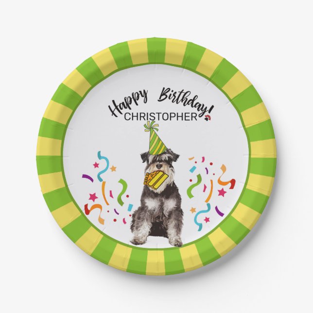 Happy Birthday Miniature Schnauzer  Dog Party Paper Plates (Front)