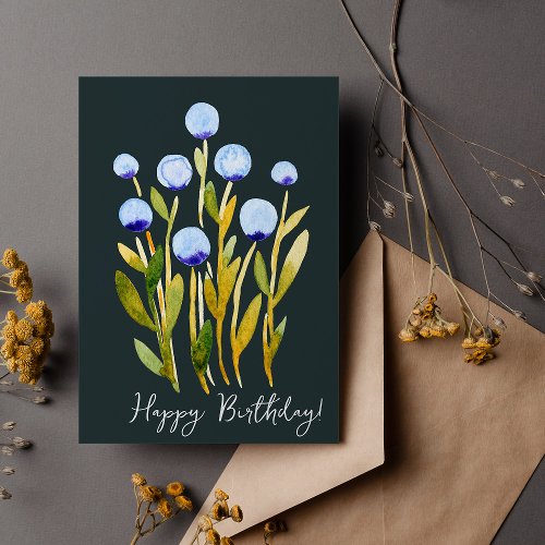 Happy Birthday minimal blue watercolor flowers Card