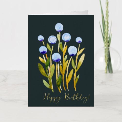 Happy Birthday minimal blue watercolor flowers Foil Holiday Card