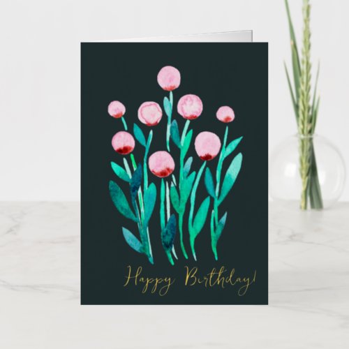 Happy Birthday minimal pink watercolor flowers Foil Holiday Card