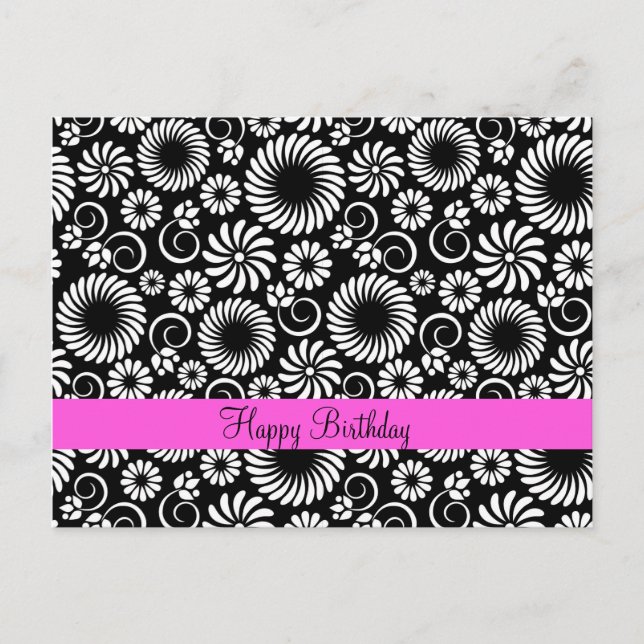 Happy Birthday Minimalist Black White Folk Flower Postcard (Front)