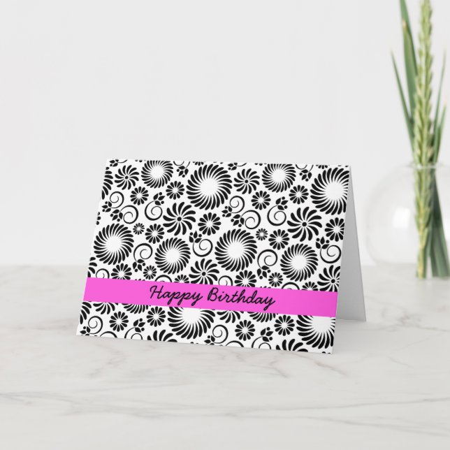 Happy Birthday Minimalist Black White Retro Spiral Card (Front)
