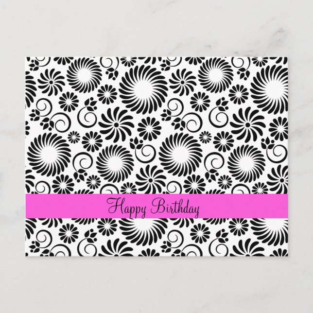 Happy Birthday Minimalist Black White Retro Spiral Postcard (Front)