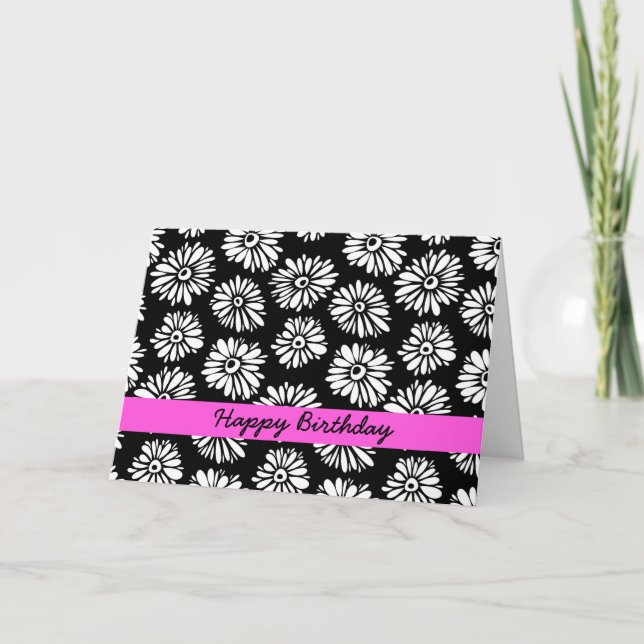 Happy Birthday Minimalist Groovy Black White Daisy Card (Front)