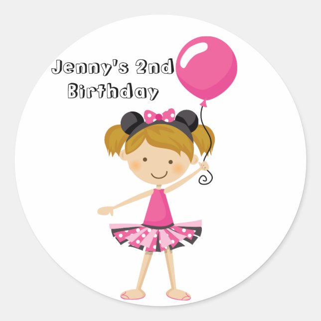 Happy Birthday Minnie Party Girl with Balloon Classic Round Sticker (Front)