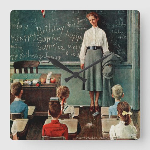 Happy Birthday Miss Jones by Norman Rockwell Square Wall Clock