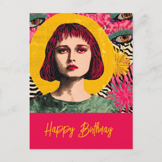Happy Birthday Mixed Media Collage Woman Postcard (Front)