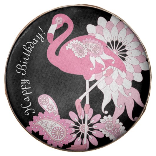 Happy Birthday Modern Black Pink Flamingo Chocolate Covered Oreo (Front)