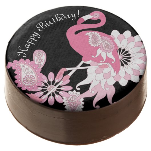 Happy Birthday Modern Black Pink Flamingo Chocolate Covered Oreo (Angled)