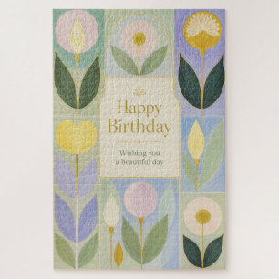 Happy Birthday Modern Botanical Flowers in Pastel Jigsaw Puzzle