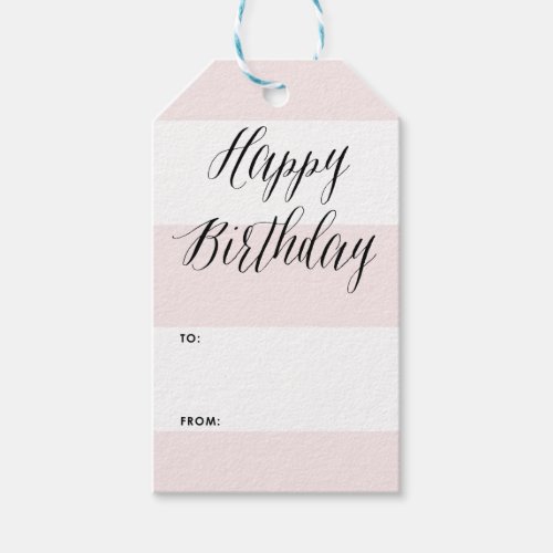 Happy Birthday Modern Calligraphy  Pink Stripes Gift Tags