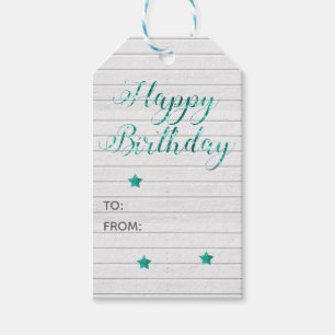 Happy Birthday Modern Calligraphy Teal Bokeh Gift Tags