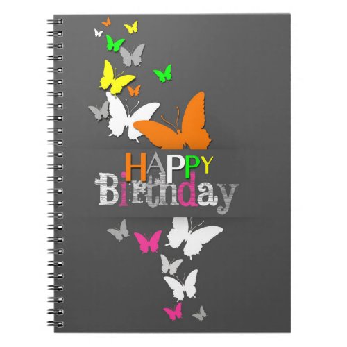 Happy Birthday Modern Colorful Neon Butterflies Notebook