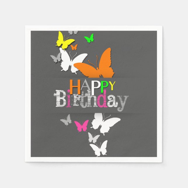 Happy Birthday Modern Colorful Neon Butterflies Paper Napkins (Front)