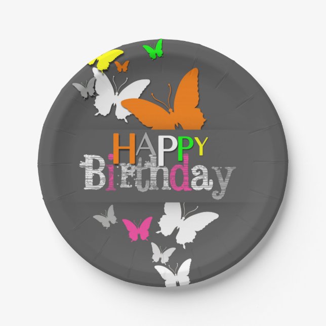 Happy Birthday Modern Colorful Neon Butterflies Paper Plates (Front)