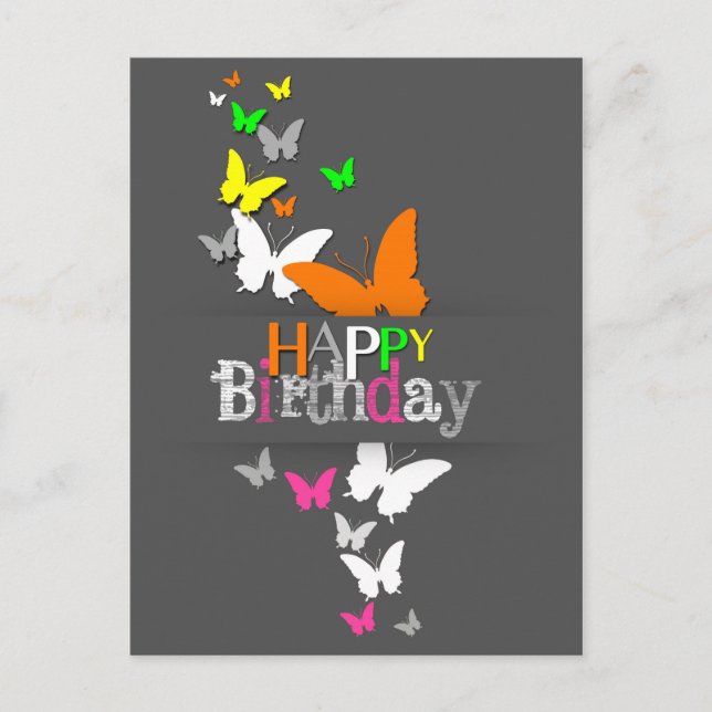 Happy Birthday Modern Colorful Neon Butterflies Postcard (Front)