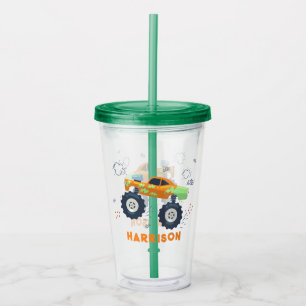 Happy Birthday Modern Monster Car Trucks Name Acrylic Tumbler