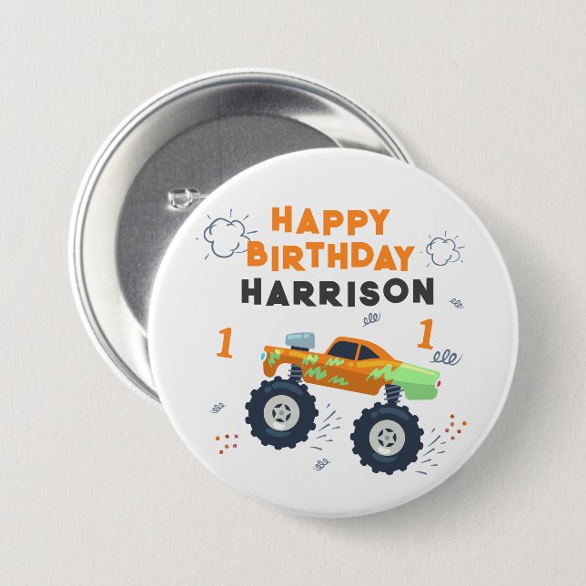 Happy Birthday Modern Monster Car Trucks Name  Button (Front & Back)