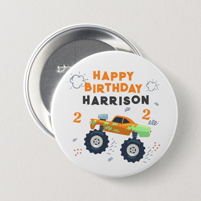Happy Birthday Modern Monster Car Trucks Name  Button (Front & Back)