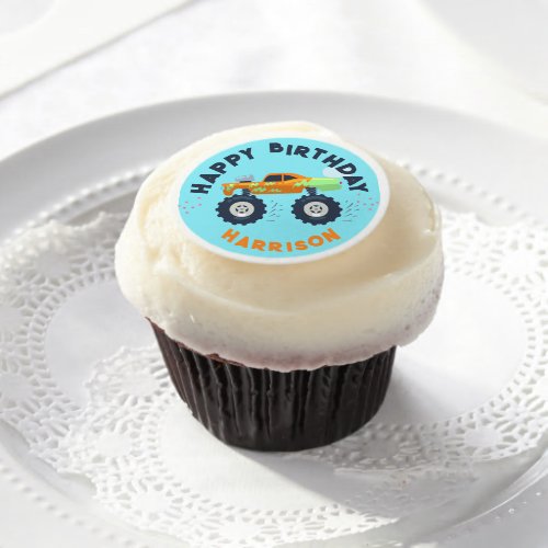 Happy Birthday Modern Monster Car Trucks Name Edible Frosting Rounds