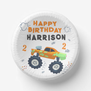 Happy Birthday Modern Monster Car Trucks Name Paper Bowls