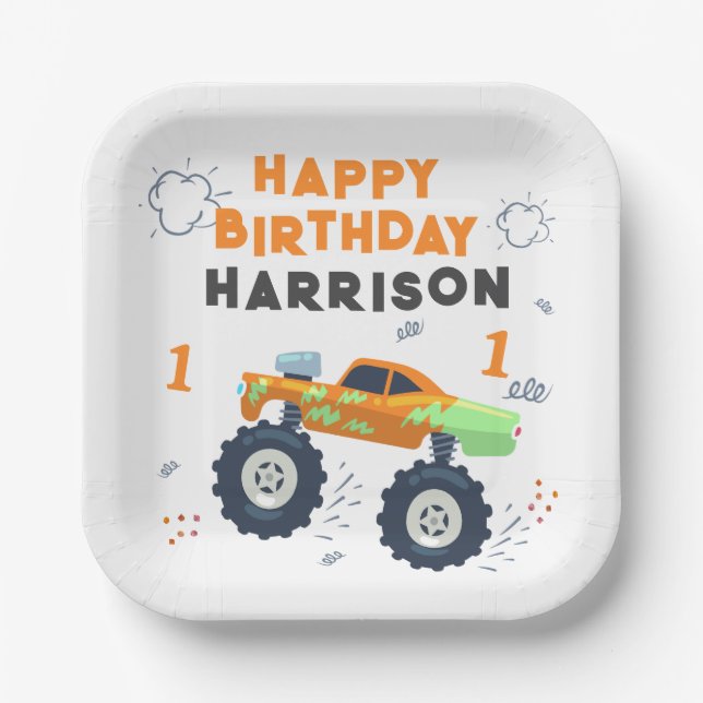 Happy Birthday Modern Monster Car Trucks Name  Paper Plates (Front)