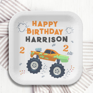 Happy Birthday Modern Monster Car Trucks Name  Paper Plates