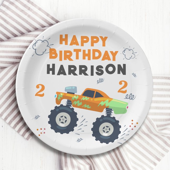 Happy Birthday Modern Monster Car Trucks Name  Paper Plates (Creator Uploaded)
