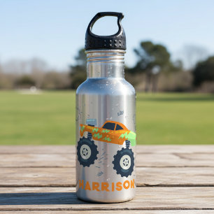 Happy Birthday Modern Monster Car Trucks Name Stainless Steel Water Bottle