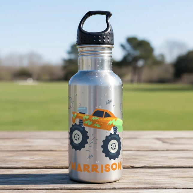 Happy Birthday Modern Monster Car Trucks Name  Stainless Steel Water Bottle (Creator Uploaded)