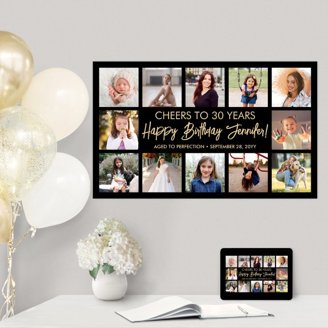 Happy Birthday Modern Photo Collage Black and Gold Poster (Creator Uploaded)