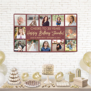 Happy Birthday Modern Photo Collage Burgundy Gold Banner