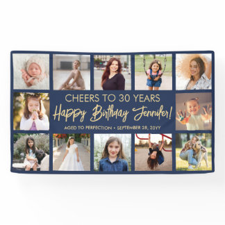 Happy Birthday Modern Photo Collage Navy Blue Gold Banner