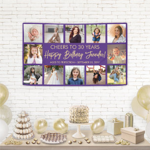 Happy Birthday Modern Photo Collage Purple & Gold Banner