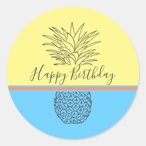 Happy Birthday Modern Pineapple Classic Round Sticker