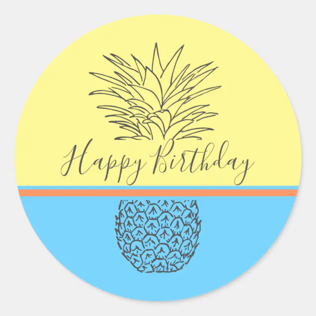 Happy Birthday Modern Pineapple Classic Round Sticker | Zazzle