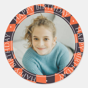 Happy Birthday Modern Retro Colorful Photo Orange Classic Round Sticker