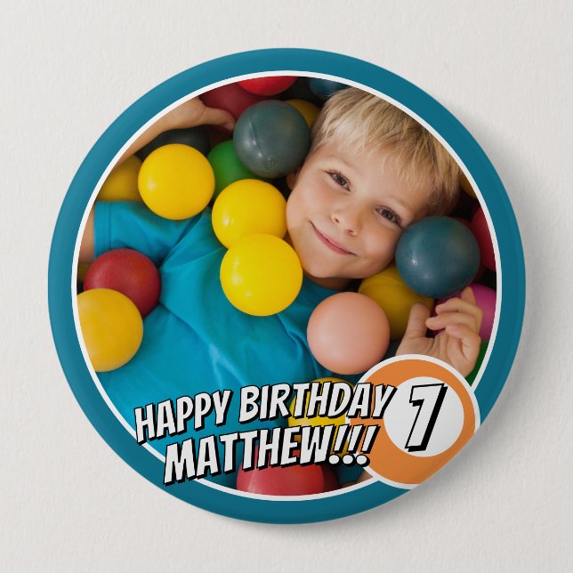 Happy Birthday Modern Simple Comic Cue Ball Photo Button (Front)