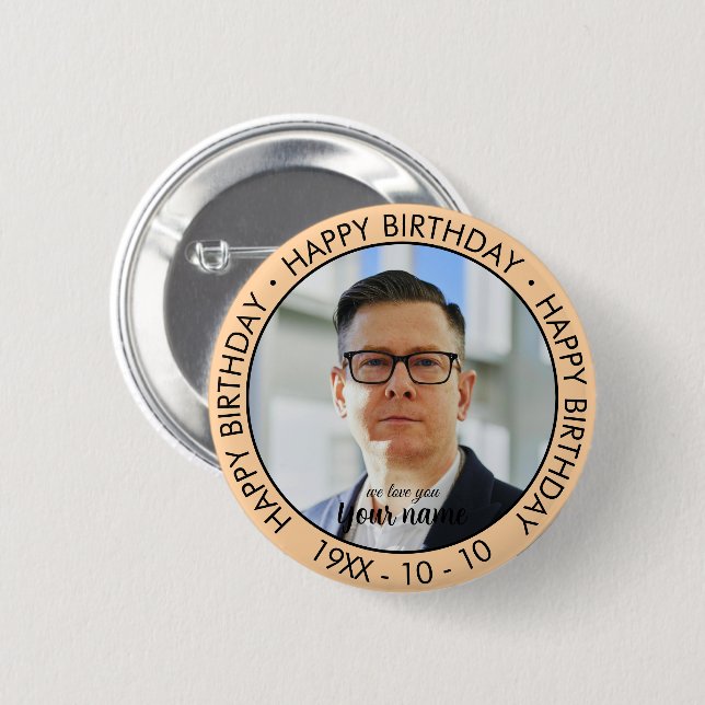 Happy Birthday Modern Simple Custom Photo  Button (Front & Back)