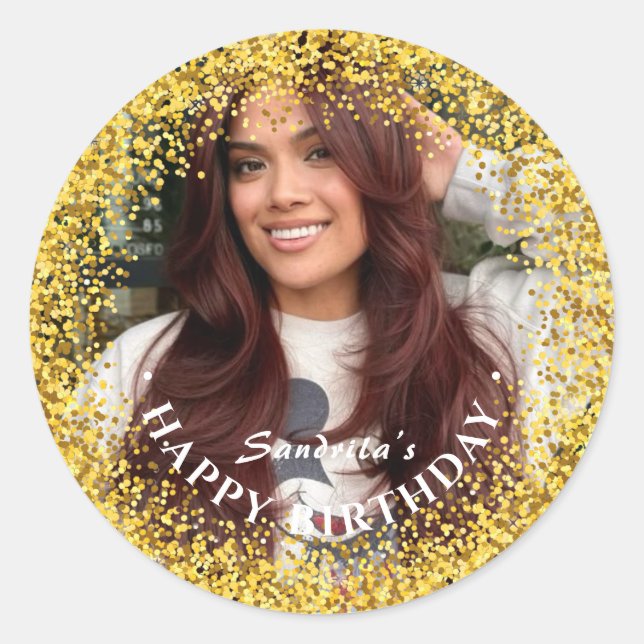 Happy Birthday Modern Simple Custom Photo Classic Round Sticker (Front)