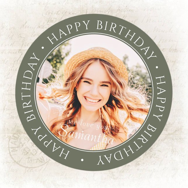 Happy Birthday Modern Simple Custom Photo Classic Round Sticker (Creator Uploaded)