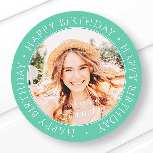 Happy Birthday Modern Simple Custom Photo Classic Round Sticker (Creator Uploaded)